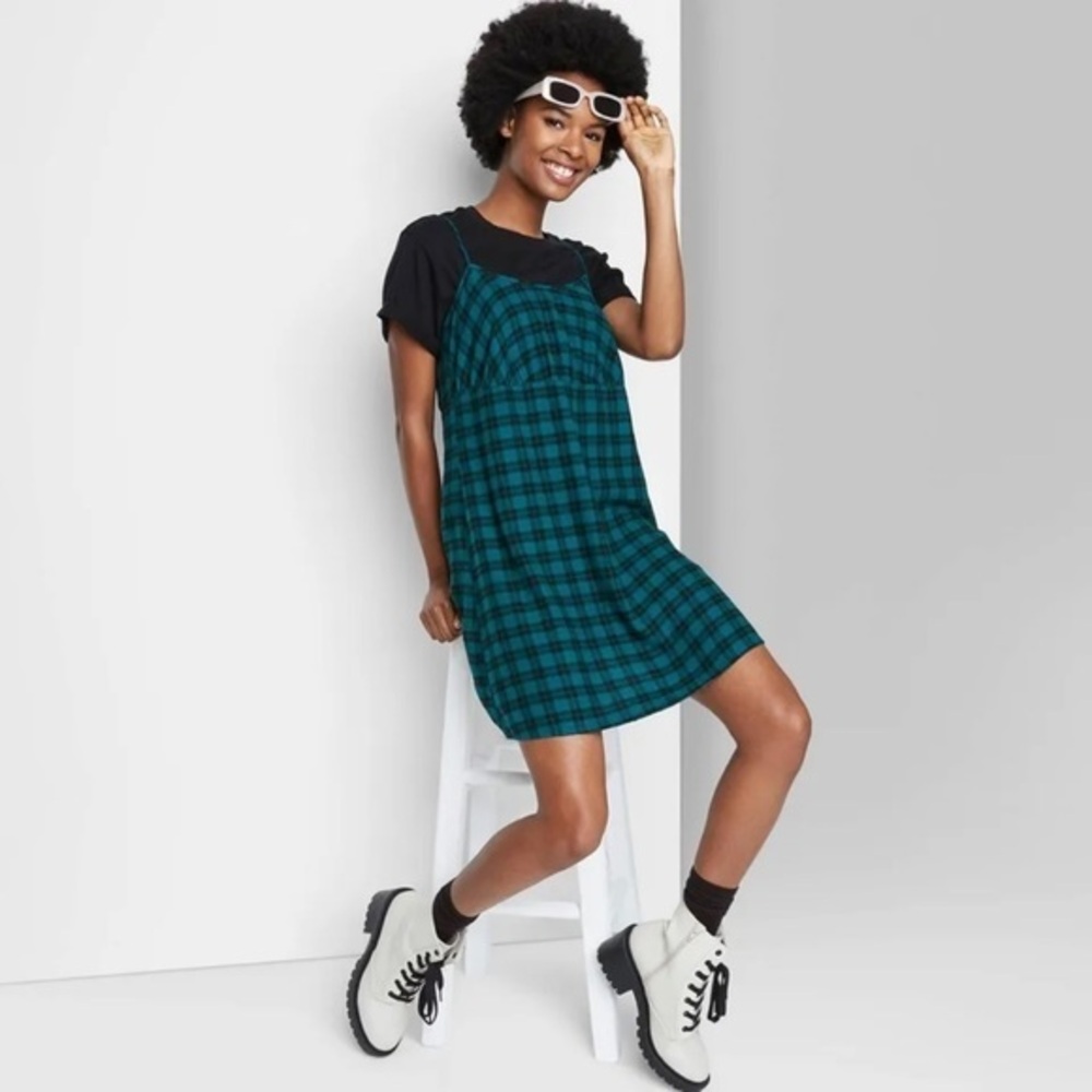 CLEARANCE NWT Deep Teal Plaid Babydoll Strappy Slip Dress Retro Wild Fable New